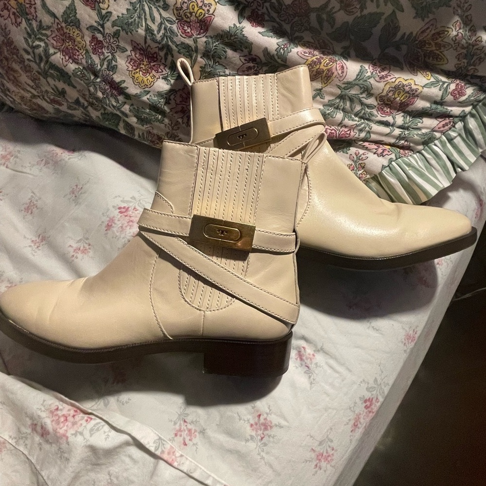 Tory Burch Cream Ankle Booties with Gold Hardware